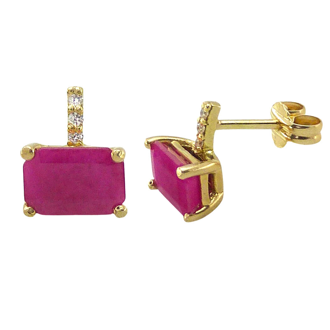 Pendientes rubí rectangular 4 garras y diamantes oro 18k