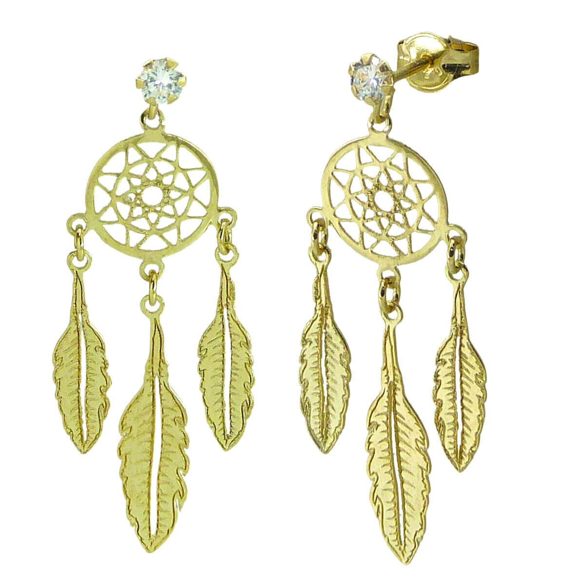 Pendientes atrapasueños tres plumas oro 18k
