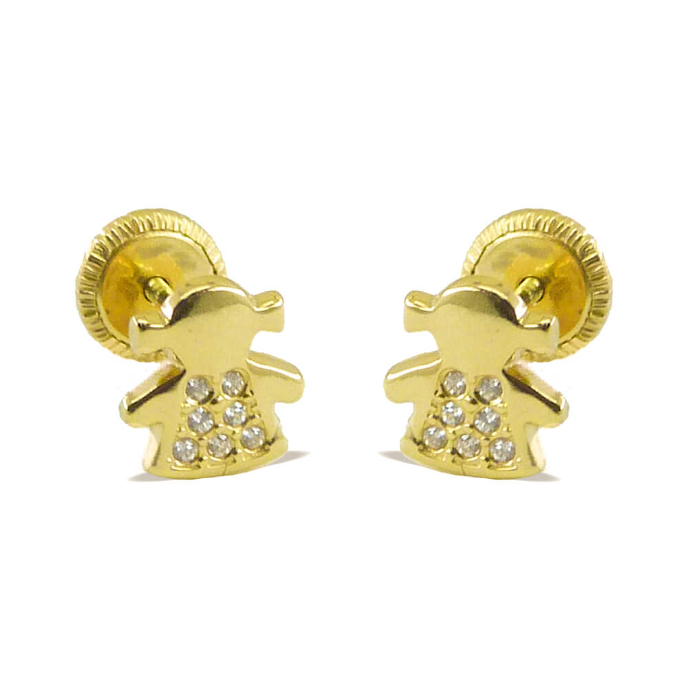 Pendientes niña lisa brillo y circonitas oro 18k