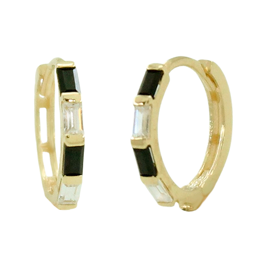 Aros piedras baguette blancas y negras oro 18k