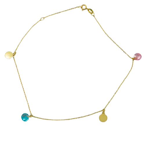 Tobillera con medallitas y piedras colores oro 18k
