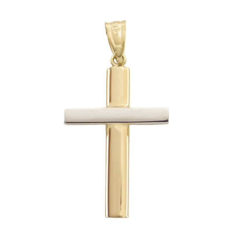 Colgante cruz bicolor lisa brillo 28x17mm. oro 18k