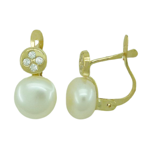 Pendientes comunión 4 circonitas y perla botón 7,5mm. oro 18k