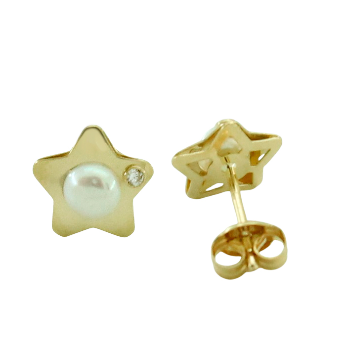 Pendientes estrella perla y circonita oro 18k