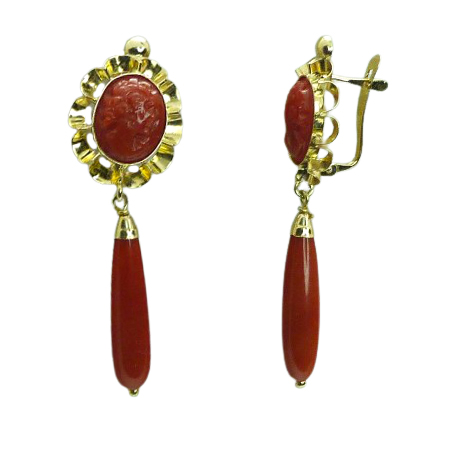 Pendientes arquillo chupon camafeo coral fino oro 18k
