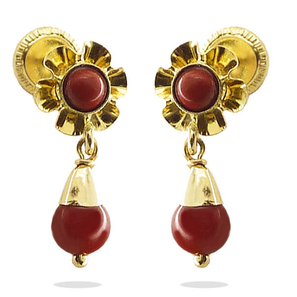 Pendientes arquillo bola color coral 15mm. oro 18k