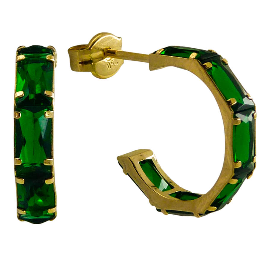 Pendientes medio aro baguette color esmeralda oro 18k