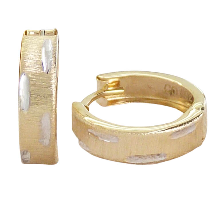 Aros huggies bicolor tallados y matizados oro 18k