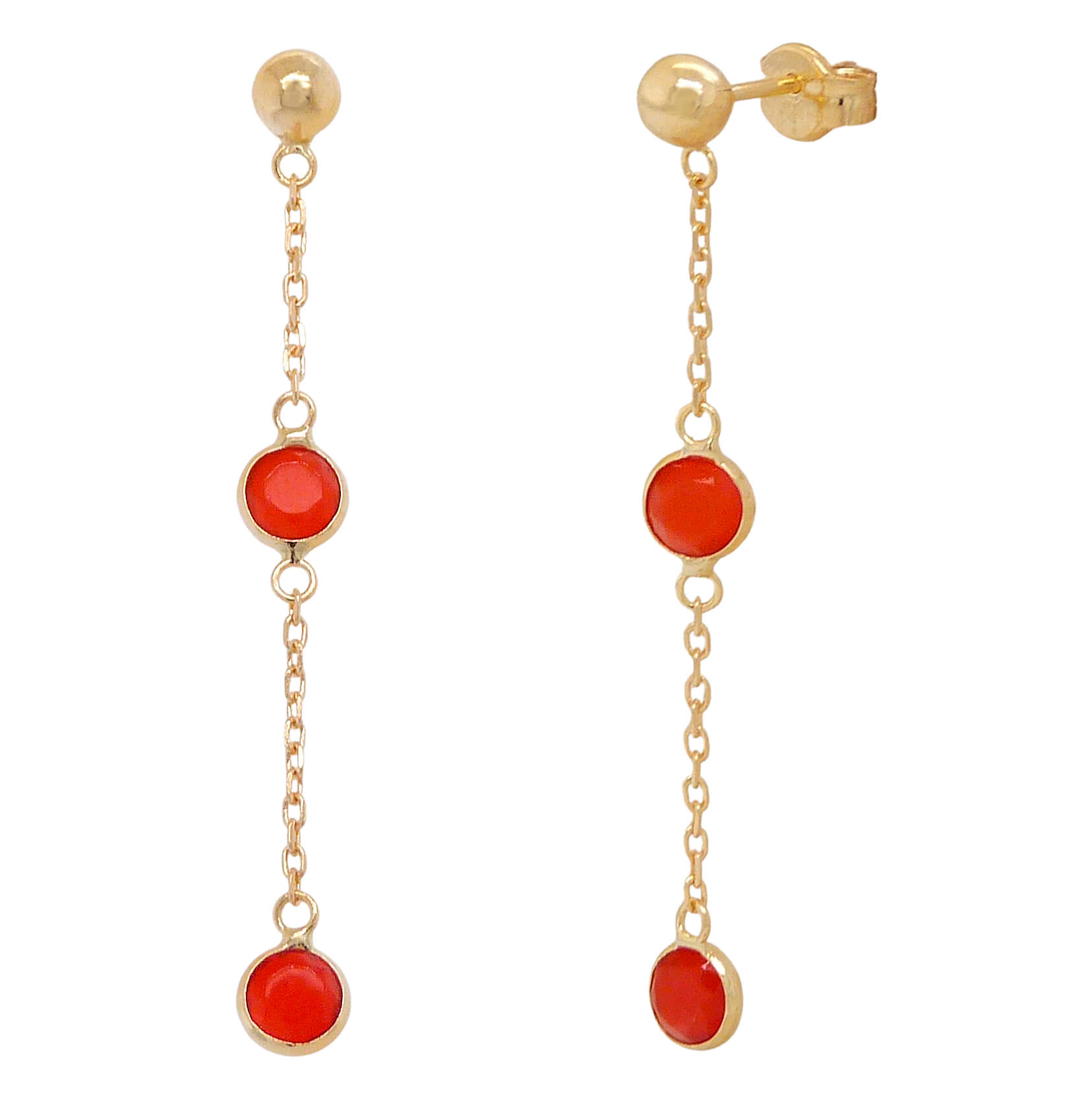 Pendientes largos bola piedras color rojo oro 18k