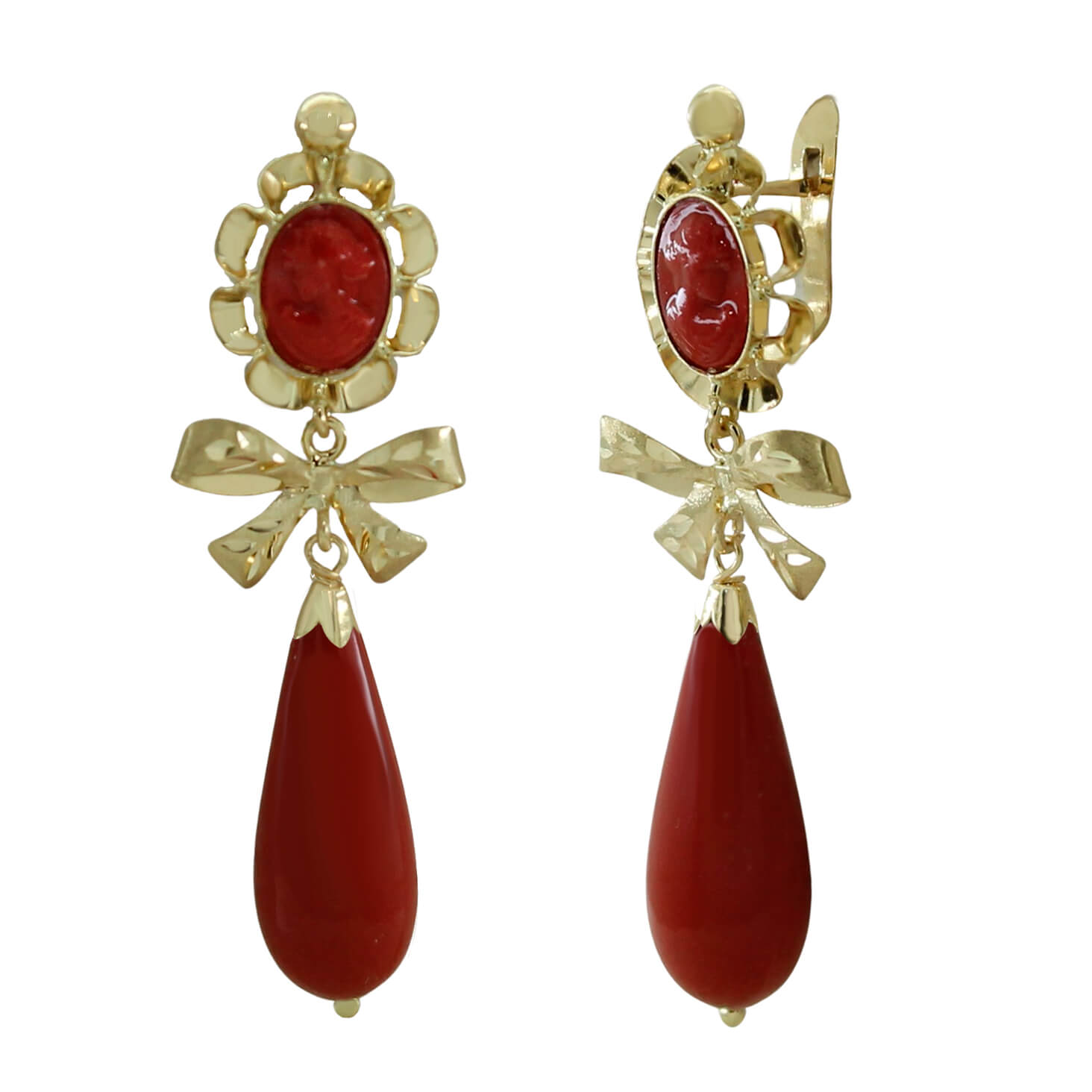 Pendientes moña chupón color coral oro 18k