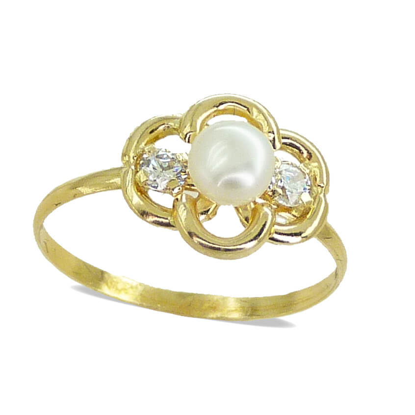 Anillo oro, circonitas y perla comunion