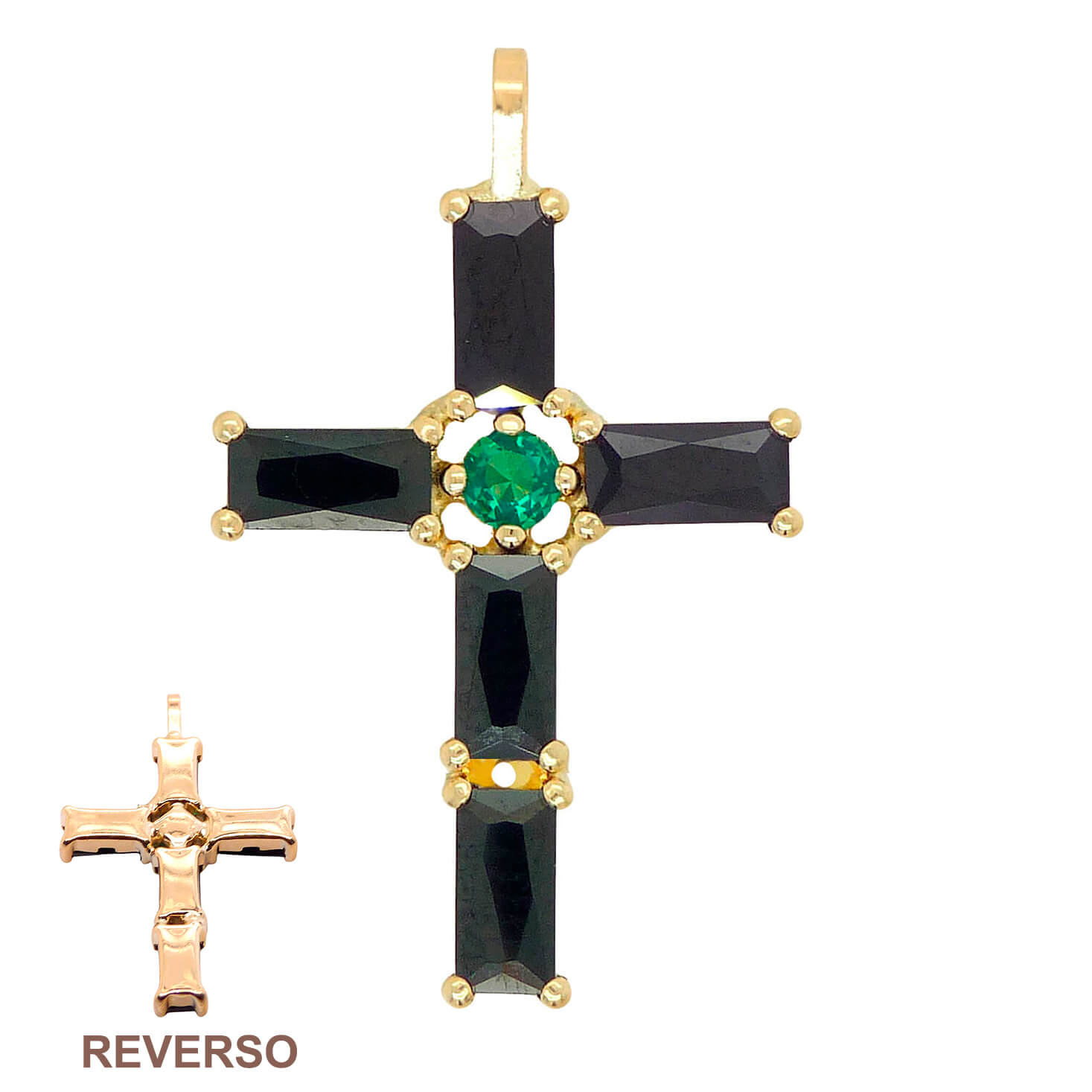 Colgante cruz baguette color negro y esmeralda oro 18k