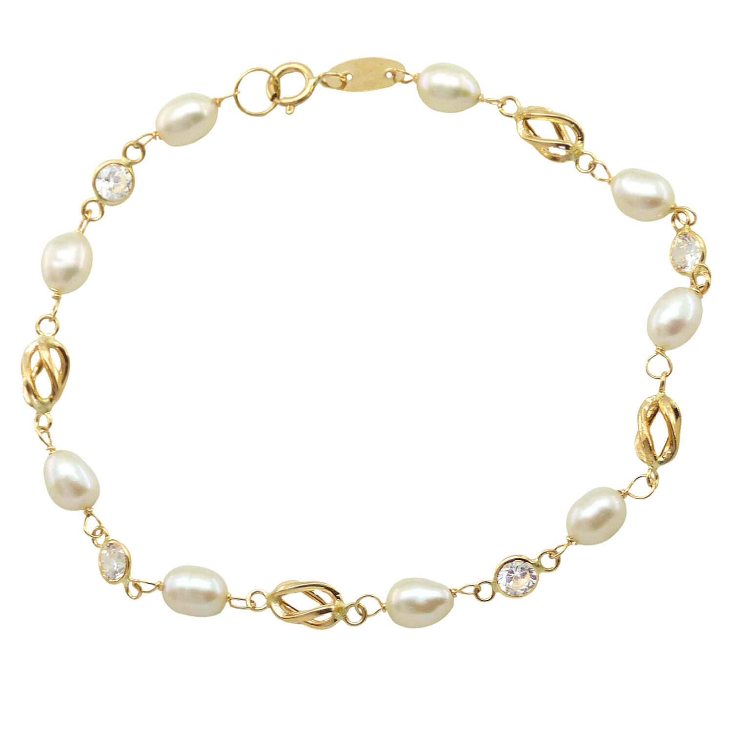Pulsera de comunión con perlas circonitas y jaulas oro 18k