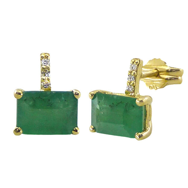 Pendientes esmeralda rectangular 4 garras y diamantes oro 18k