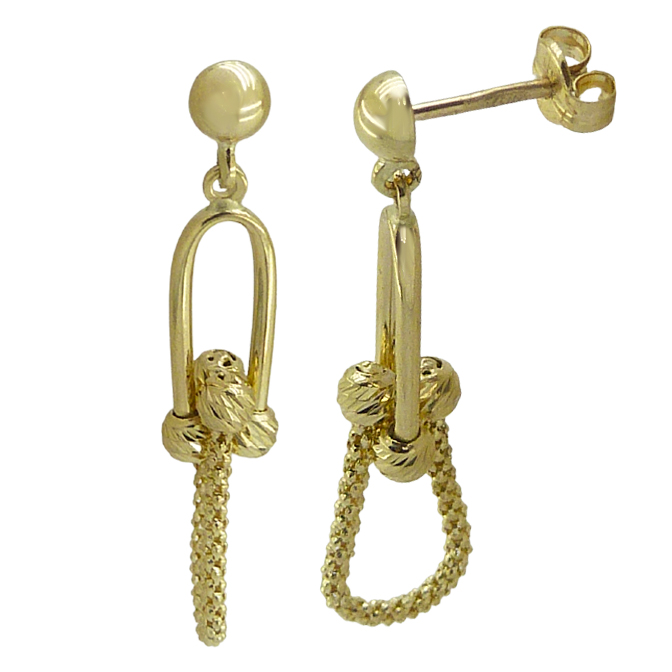 Pendientes largos cadena y bolas oro 18k