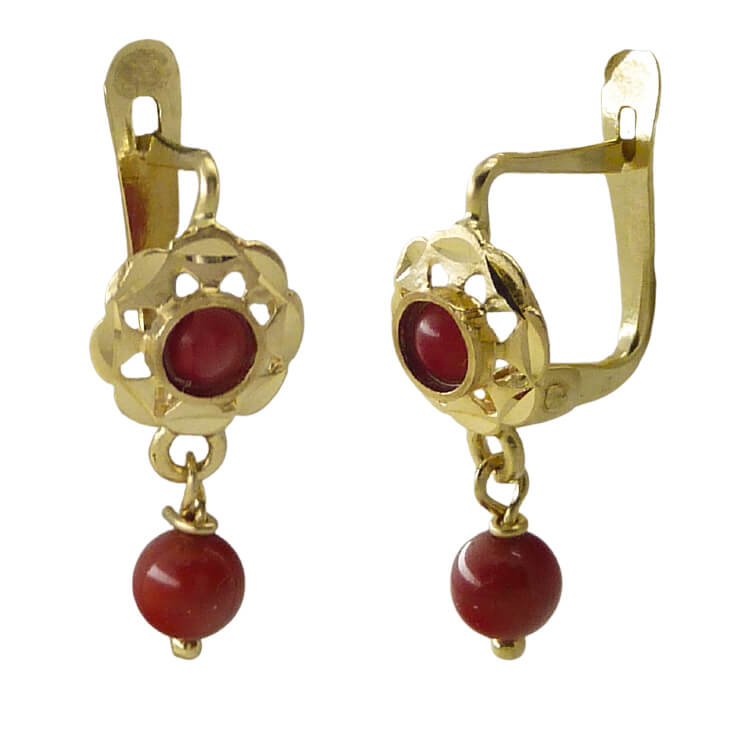 Pendientes cubana con bola coral tallados brillo oro 18k