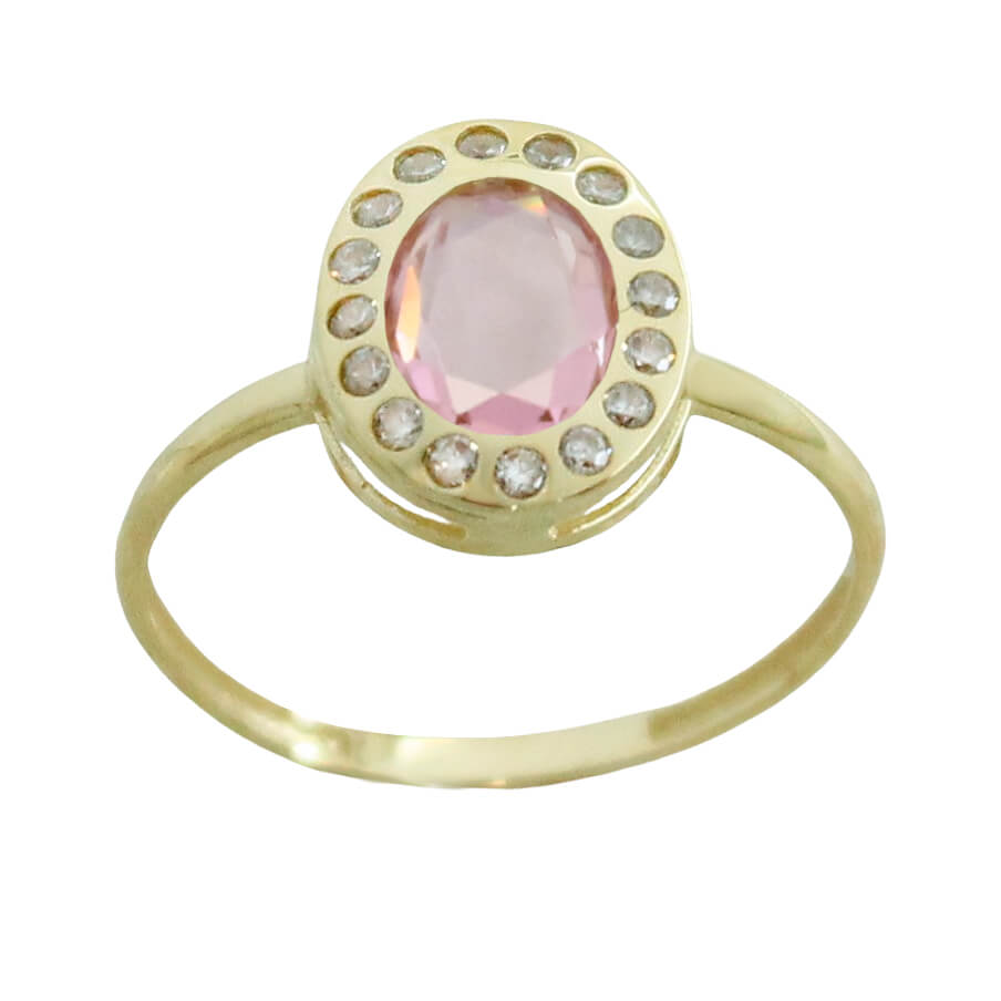 Sortija oval piedra rosa y circonitas oro 18k