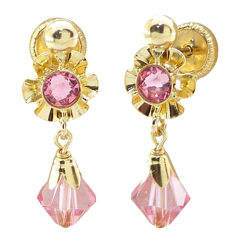 Pendientes arquillo chupón cristal rosa medida 20mm.oro 18k