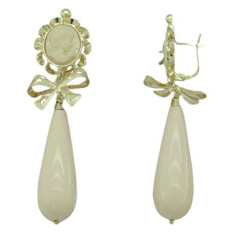 Pendientes arquillo color marfil moña chupon oro 18k