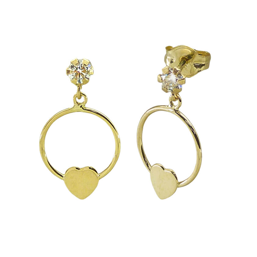 Pendientes aro de 9mm. con corazón y circonita oro 18k