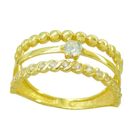 Anillo tres bandas bolas y circonitas oro 18k