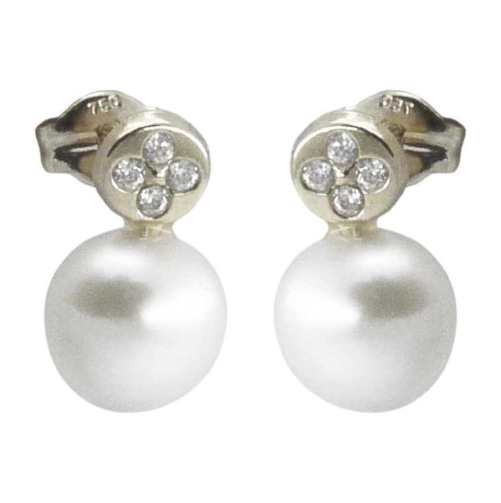 Pendientes redondos con circonitas y perla en oro blanco 18k