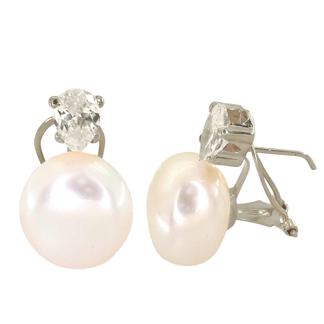 Pendientes garras circonita lágrima y perla 10mm. oro blanco 18k