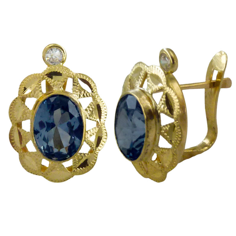 Pendientes cubana tallados y calados piedra color zafiro oro 18k