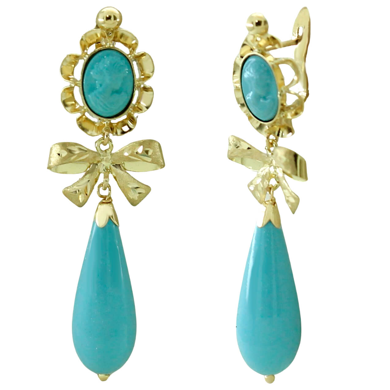Pendientes arquillo chupon color turquesa con lazo oro 18k