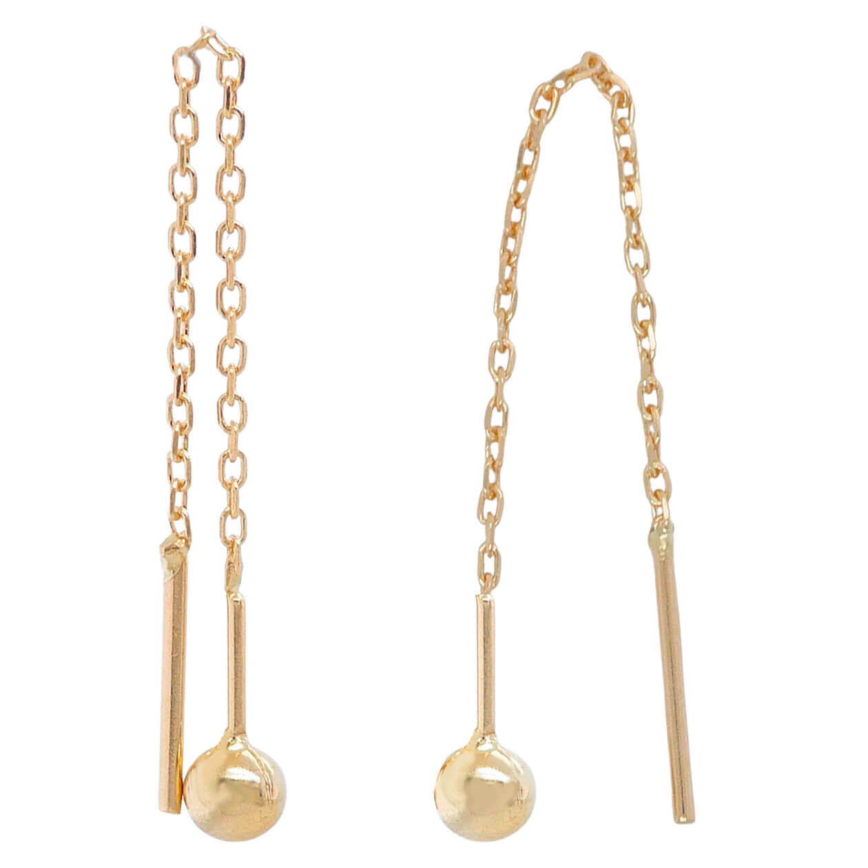 Pendientes bola y cadena eslabones brillo oro 18k