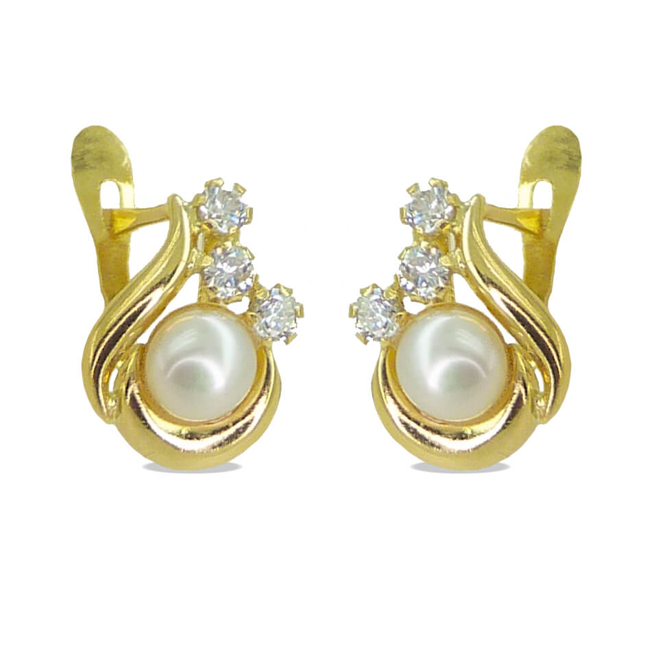 Pendientes oro, circonitas y perlas, cierre catalán.