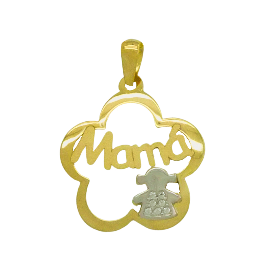 Colgante flor "mamá" niña con circonitas bicolor oro 18k