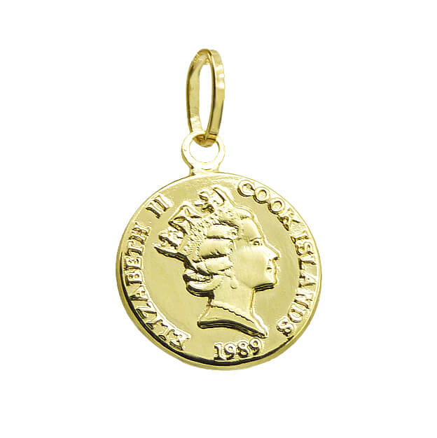 Colgante moneda tallada brillo 12mm. oro 18k