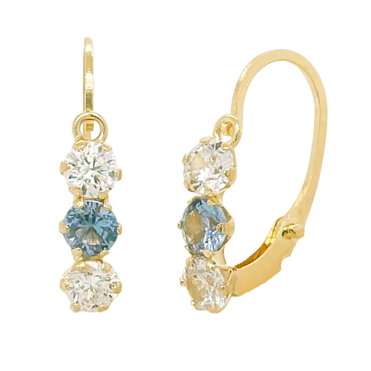 Pendientes circonitas blancas y azul cierre ballestilla oro 18k