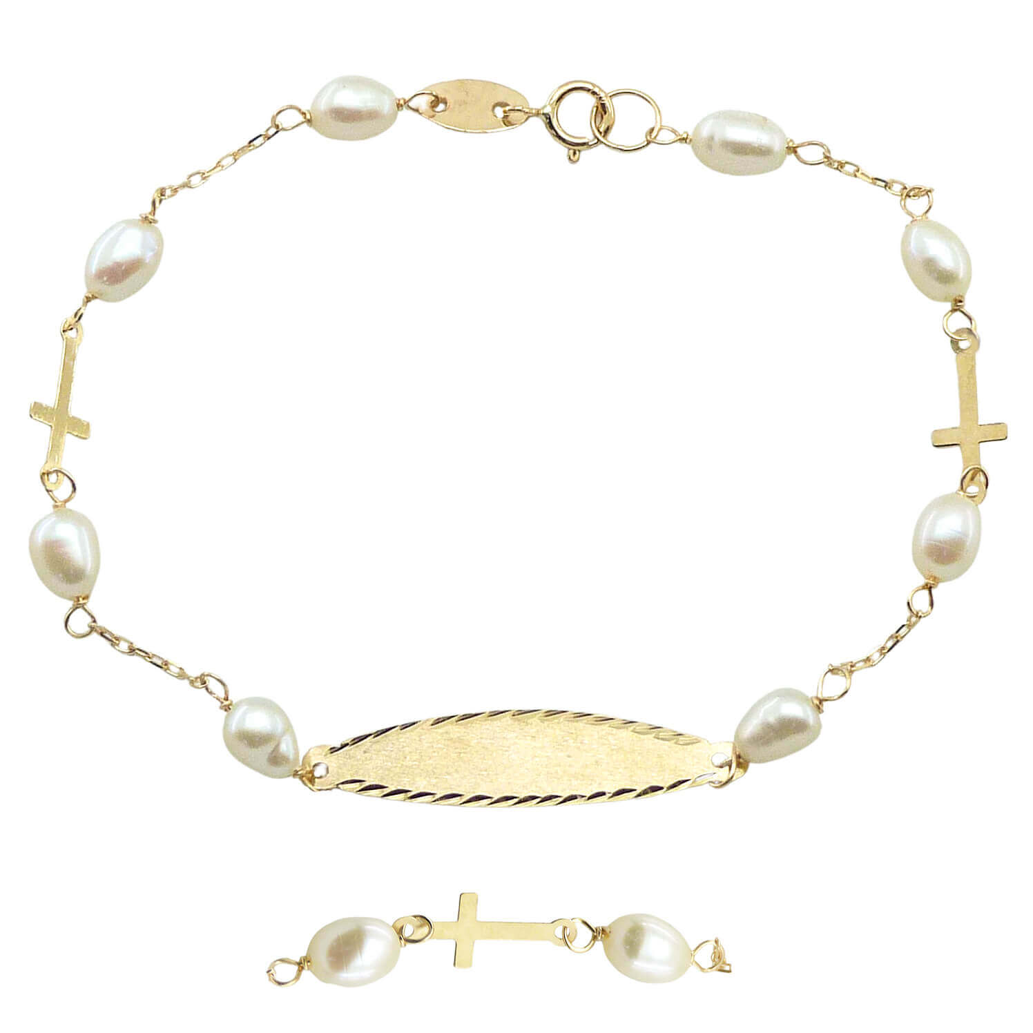 Esclava de comunión cruces perla y chapa oro 18k