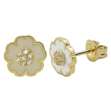 Pendientes comunión esmalte flor y circonitas 8mm. oro 18k