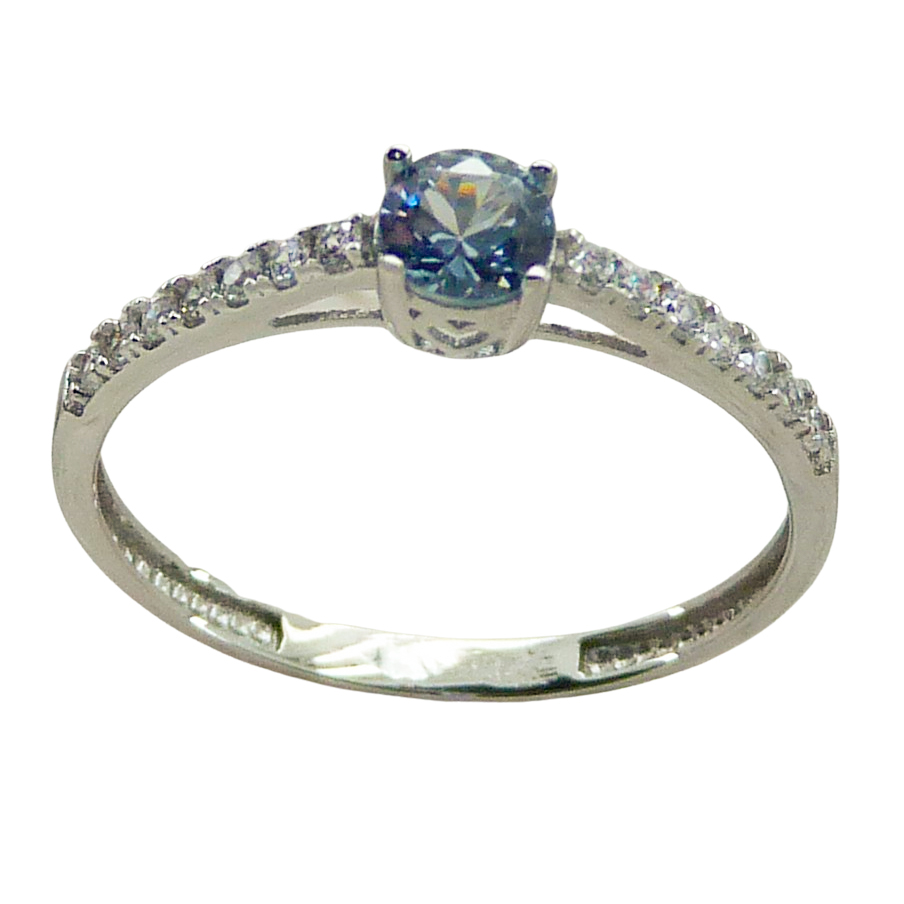 Anillo circonita color aguamarina garras oro blanco 18k