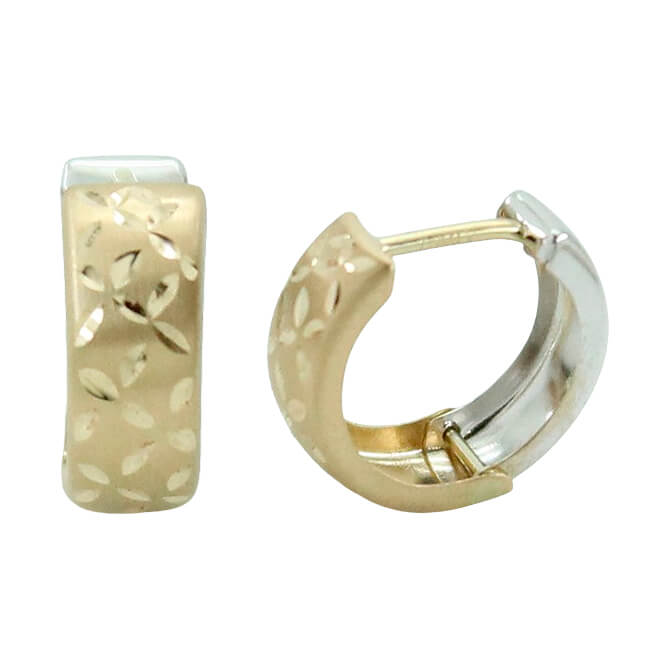 Aros huggies tallados bicolor mate brillo oro 18k