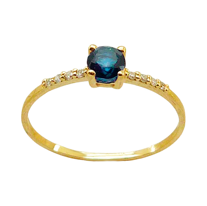 Anillo zafiro redondo 4 garras diamantes oro 18k