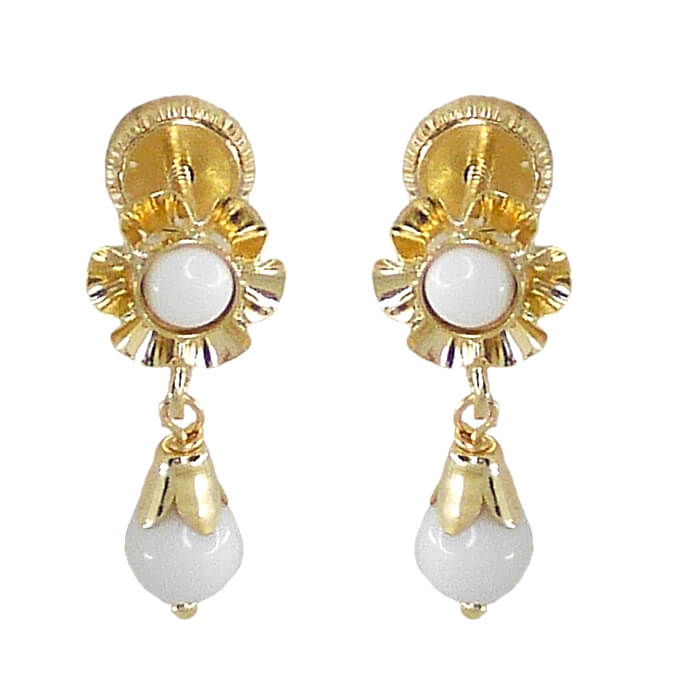 Pendientes largos bola color marfil cierre de rosca oro 18k