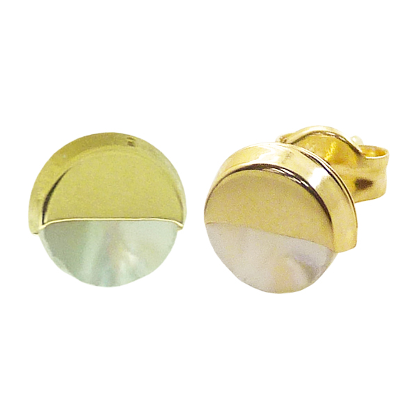 Pendientes redondos brillo mitad nácar 8mm. oro 18k