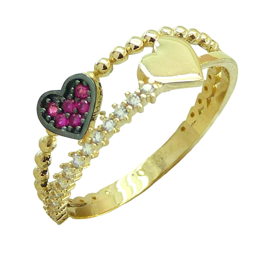 Sortija dos corazones con circonitas rosas oro 18k