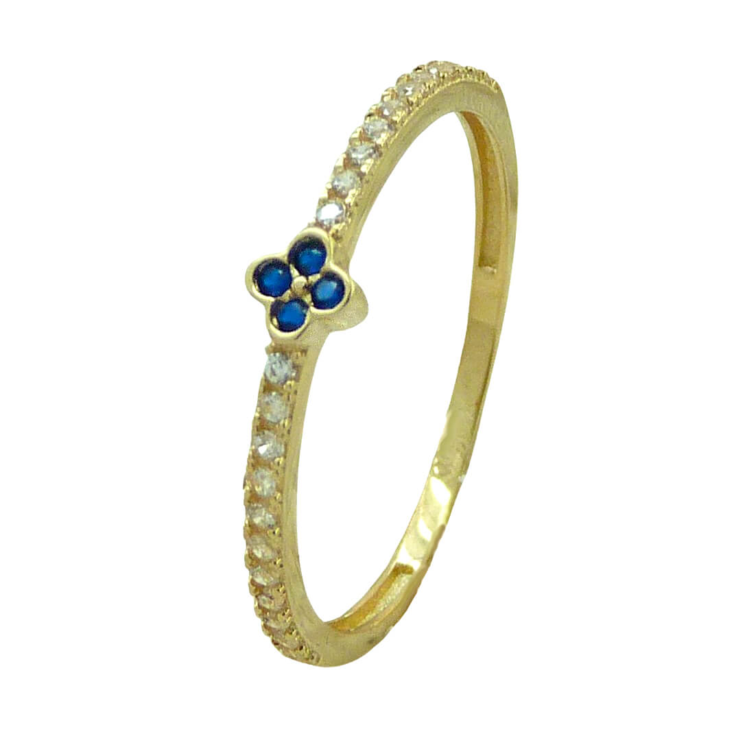 Anillo trebol con circonitas azules y blancas oro 18k
