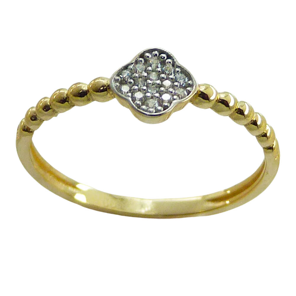 Anillo bicolor bolas brillo y flor con circonitas oro 18k
