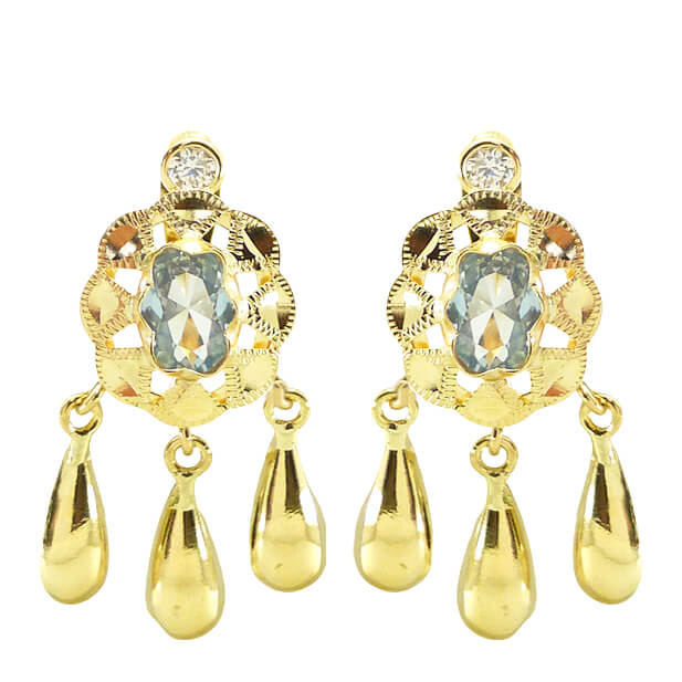 Pendientes cubana piedra color aguamarina oro 18k
