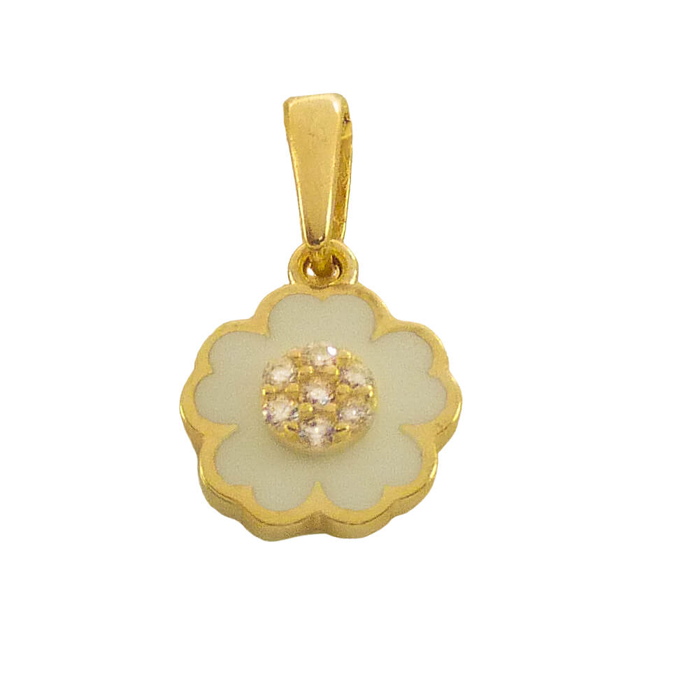 Colgante comunión flor esmalte y circonitas oro 18k
