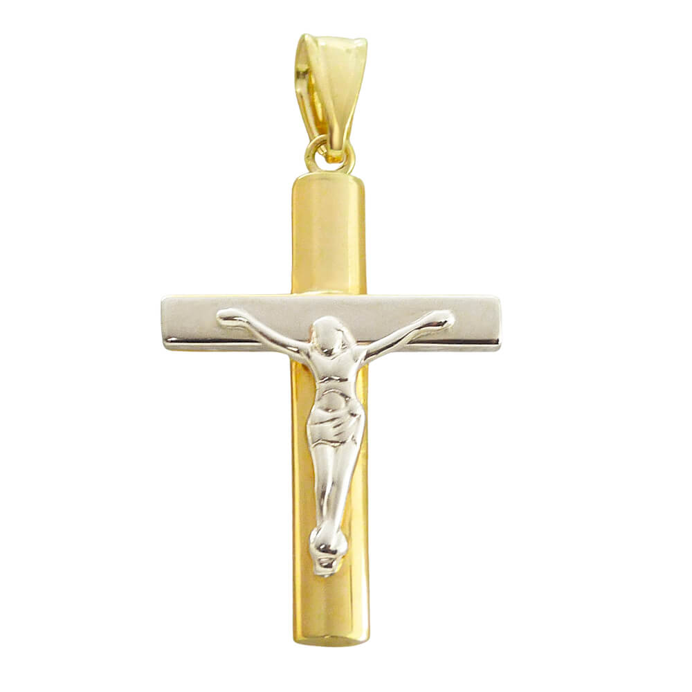 Cruz bicolor con cristo brillo oro 18k
