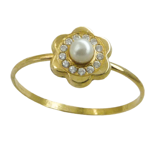 Anillo flor circonitas y perla en oro de 18k