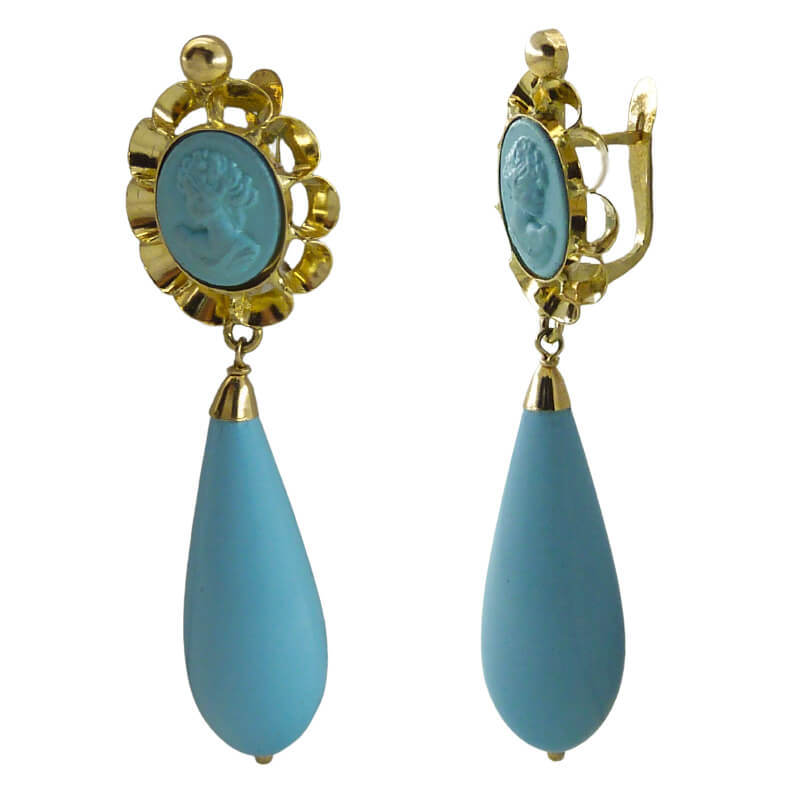 Pendientes arquillo camafeo color turquesa oro 18k