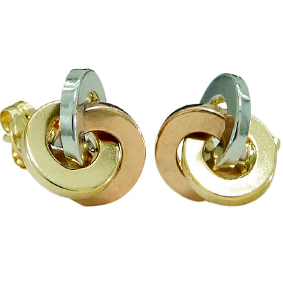 Pendientes tricolor aros entrelazados 12mm. oro 18k